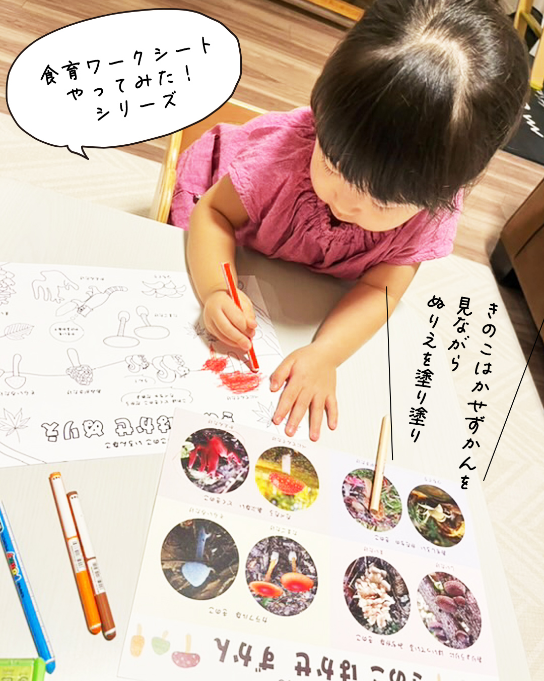 きのこはかせずかんを見ながらぬりえをするこども