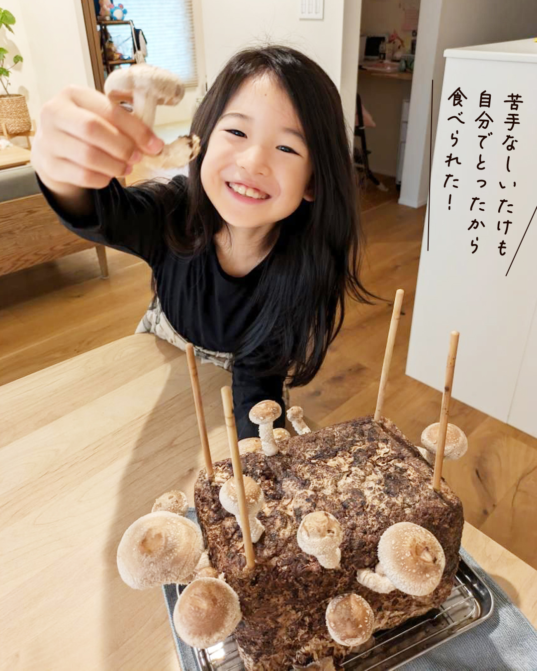自分で収穫したしいたけを持つこども